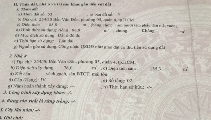 Chính chủ bán gấp nhà view sông NGANG 4.5M NH 254/30 Bến Vân Đồn P5 Quận 4